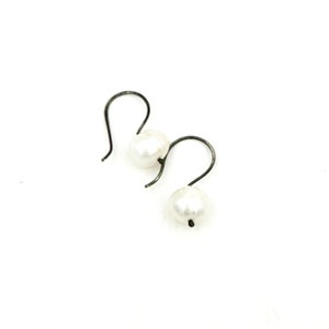 White Freshwater Pearl Earrings Blackened Sterling Silver Modern Classic Gift for Her image 2