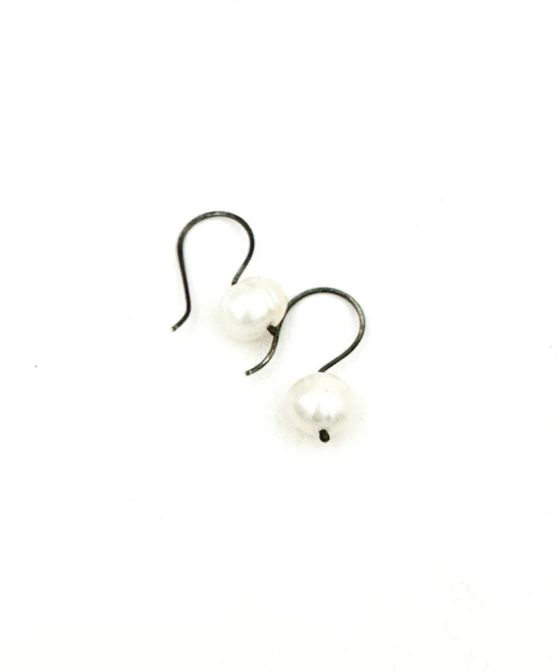 White Freshwater Pearl Earrings Blackened Sterling Silver Modern Classic Gift for Her image 2