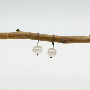 White Freshwater Pearl Earrings Blackened Sterling Silver Modern Classic Gift for Her image 5