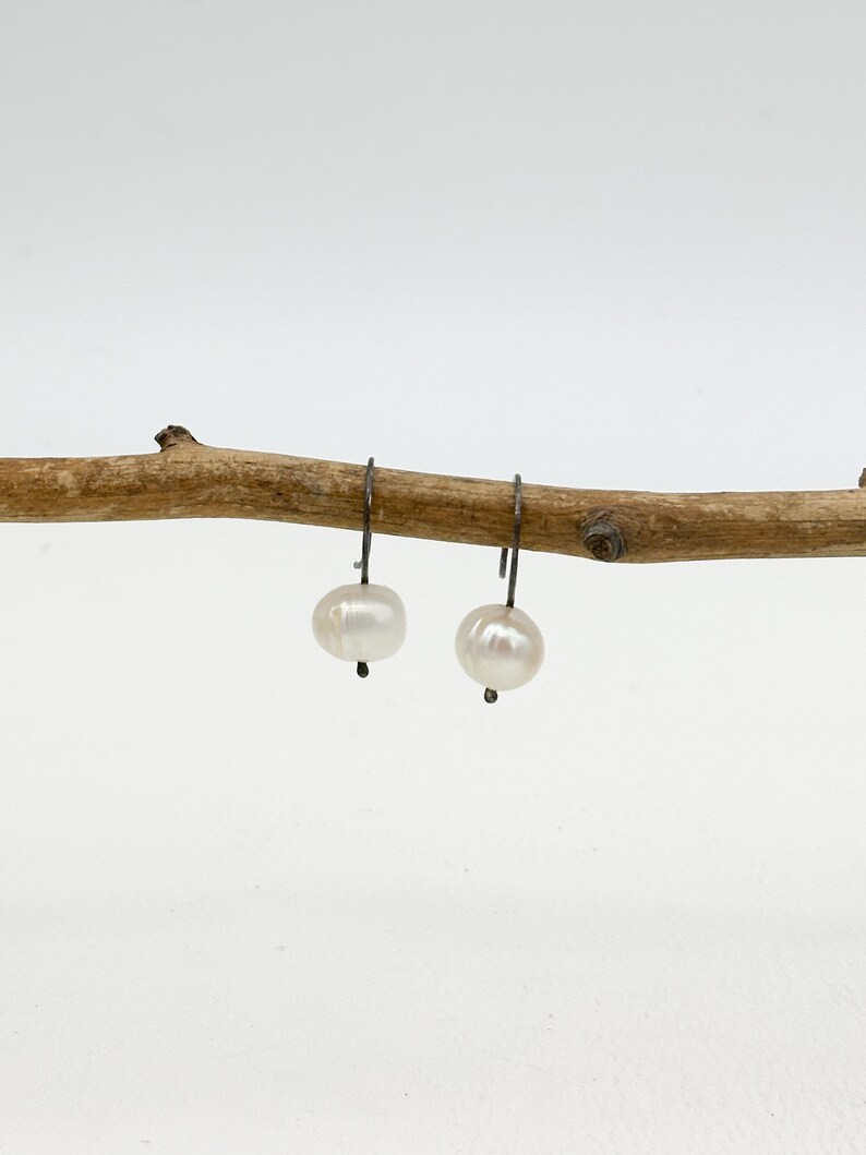 White Freshwater Pearl Earrings Blackened Sterling Silver Modern Classic Gift for Her image 5