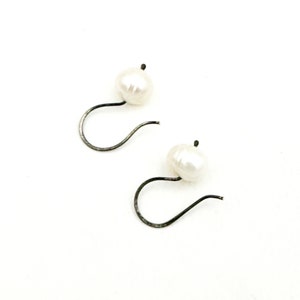 White Freshwater Pearl Earrings Blackened Sterling Silver Modern Classic Gift for Her image 3
