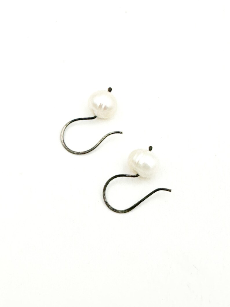 White Freshwater Pearl Earrings Blackened Sterling Silver Modern Classic Gift for Her image 3