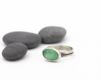 Chrysoprase Ring Sterling Silver Luminous Green Gemstone Boho Statement Ring Size 6.75