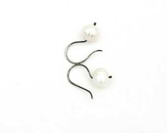 White Freshwater Pearl Earrings Blackened Sterling Silver Modern Classic Gift for Her