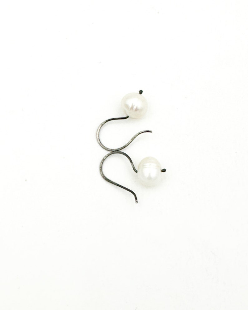 White Freshwater Pearl Earrings Blackened Sterling Silver Modern Classic Gift for Her image 1