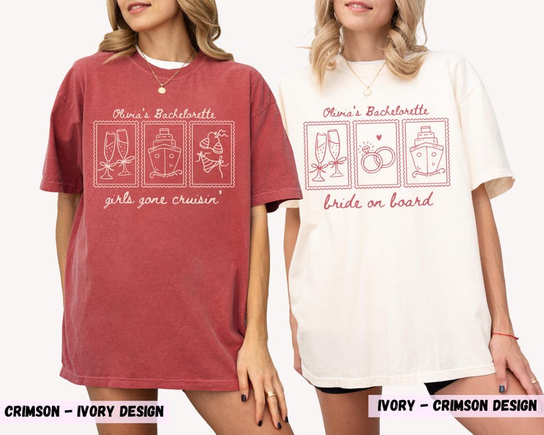 Pu&ograve; includere: Due magliette, una cremisi e una avorio, a tema addio al nubilato. La maglietta cremisi ha il testo "Olivia's Bachelorette" e "girls gone cruisin'" con illustrazioni. La maglietta avorio dice "bride on board".