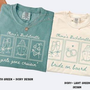 Pu&ograve; includere: Due magliette, una verde chiaro e una avorio, con la scritta "Olivia's Bachelorette". La maglietta verde chiaro dice "girls gone cruisin'" e la maglietta avorio dice "bride on board". Ogni maglietta ha una collana.