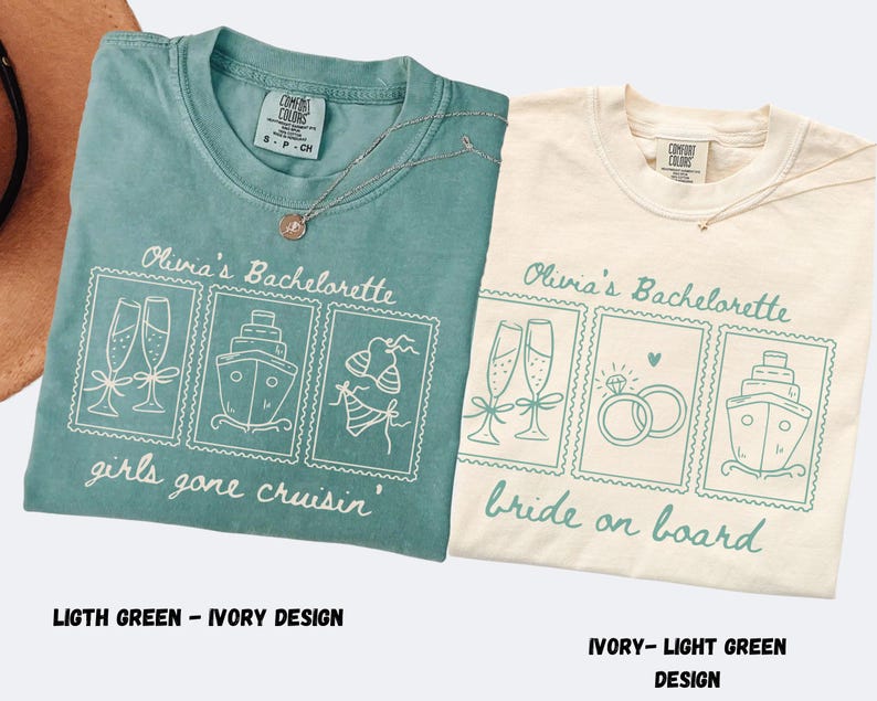 Pu&ograve; includere: Due magliette, una verde chiaro e una avorio, con la scritta "Olivia's Bachelorette". La maglietta verde chiaro dice "girls gone cruisin'" e la maglietta avorio dice "bride on board". Ogni maglietta ha una collana.