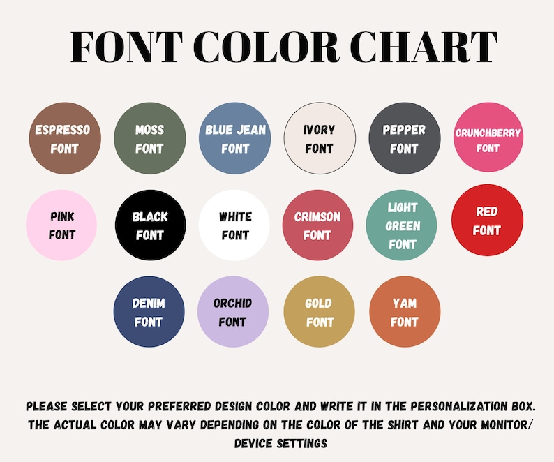 Pu&ograve; includere: Una tabella dei colori con il testo "FONT COLOR CHART" in alto. La tabella mostra 16 opzioni di colore in cerchi, tra cui Espresso, Moss, Blue Jean, Ivory, Pepper, Crunchberry, Pink, Black, White, Crimson, Light Green, Red, Denim, Orchid, Gold e Yam.
