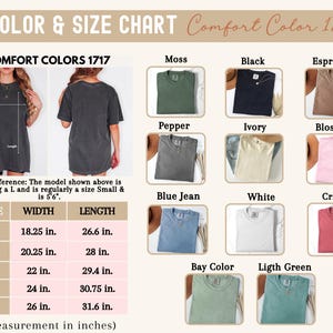 Puede incluir: Tabla de colores y tallas para camisetas Comfort Colors 1717. La tabla incluye una gu&iacute;a de tallas con medidas en pulgadas para las tallas S a 2XL. La tabla tambi&eacute;n muestra varios colores de camisetas, incluyendo Moss, Negro, Espresso y Crimson.