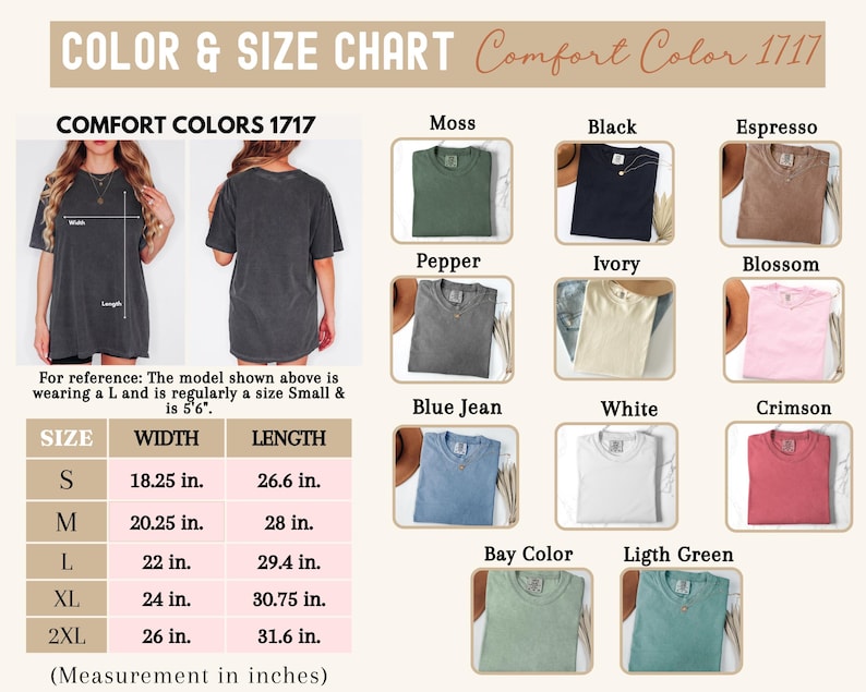Puede incluir: Tabla de colores y tallas para camisetas Comfort Colors 1717. La tabla incluye una gu&iacute;a de tallas con medidas en pulgadas para las tallas S a 2XL. La tabla tambi&eacute;n muestra varios colores de camisetas, incluyendo Moss, Negro, Espresso y Crimson.