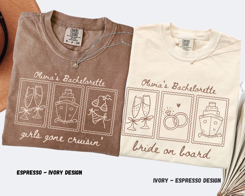 Pu&ograve; includere: Due magliette, una color espresso e una avorio, con la scritta "Olivia's Bachelorette" e grafiche a tema. La maglietta color espresso dice "girls gone cruisin'" e quella avorio dice "bride on board". Entrambe hanno un'etichetta Comfort Colors.