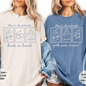Pu&ograve; includere: Due magliette, una avorio e una blu, presentano un design grafico azzurro. Il design include il testo "Olivia's Bachelorette" sopra tre immagini in stile francobollo. La maglietta avorio dice "bride on board", e la maglietta blu dice "girls gone cruisin'".