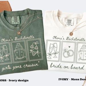 Pu&ograve; includere: Due magliette, una verde muschio e una avorio, con la scritta "Olivia's Bachelorette". La maglietta verde dice "girls gone cruisin'" e la maglietta avorio dice "bride on board". Ogni maglietta ha un design a forma di timbro con illustrazioni.