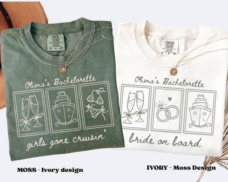 Pu&ograve; includere: Due magliette, una verde muschio e una avorio, con la scritta "Olivia's Bachelorette". La maglietta verde dice "girls gone cruisin'" e la maglietta avorio dice "bride on board". Ogni maglietta ha un design a forma di timbro con illustrazioni.