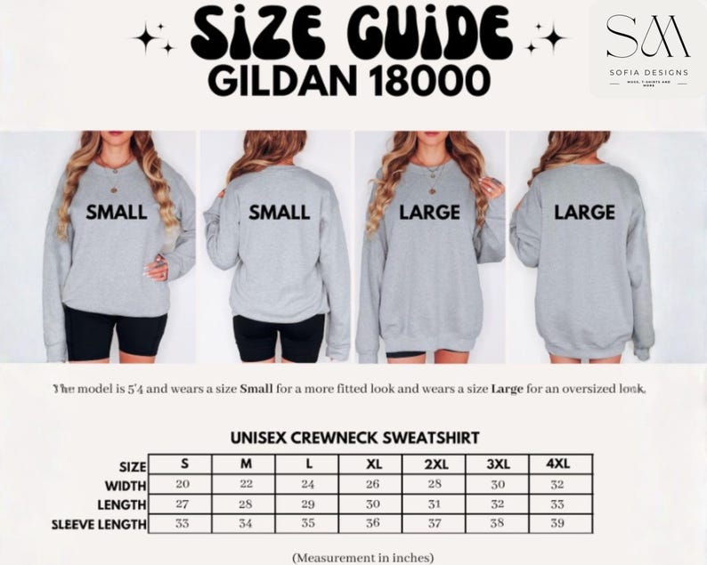Puede incluir: Una gu&iacute;a de tallas para una sudadera unisex de cuello redondo, con medidas en pulgadas. La gu&iacute;a incluye tablas de tallas para S, M, L, XL, 2XL, 3XL y 4XL. La imagen muestra un modelo con una sudadera gris.