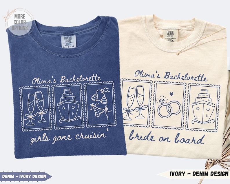 Pu&ograve; includere: Due magliette Comfort Colors, una blu denim e una avorio, con grafiche bianche. La maglietta blu denim riporta la scritta "Olivia's Bachelorette" con calici di champagne, una nave e un bikini. La maglietta avorio dice "Olivia's Bachelorette" con anelli e una nave.