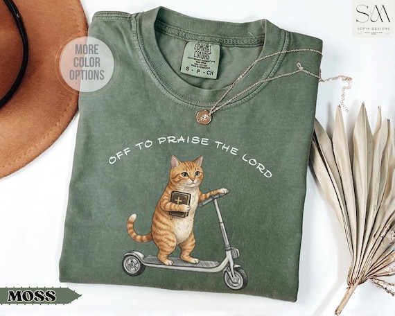 Comfort Colors® Christian Cat Shirt Funny Off To Praise The Lord, Faith Humor Bible Study Shirt, Religious Cat Lover Gift, Church Humor Tee