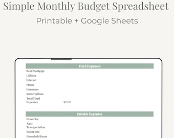 Feuille de calcul budgétaire mensuelle simple | Planificateur de budget imprimable et Google Sheets