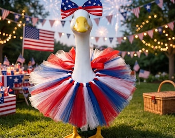 Patriotic Porch Goose Outfit, Red White Blue Tutu and Bow, 23 Inch Goose Statue Clothes, 4th of July Yard Decor Costume