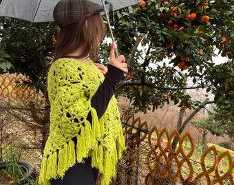 Poncho en coton au crochet fait main avec franges - Poncho vert bohème, taille unique