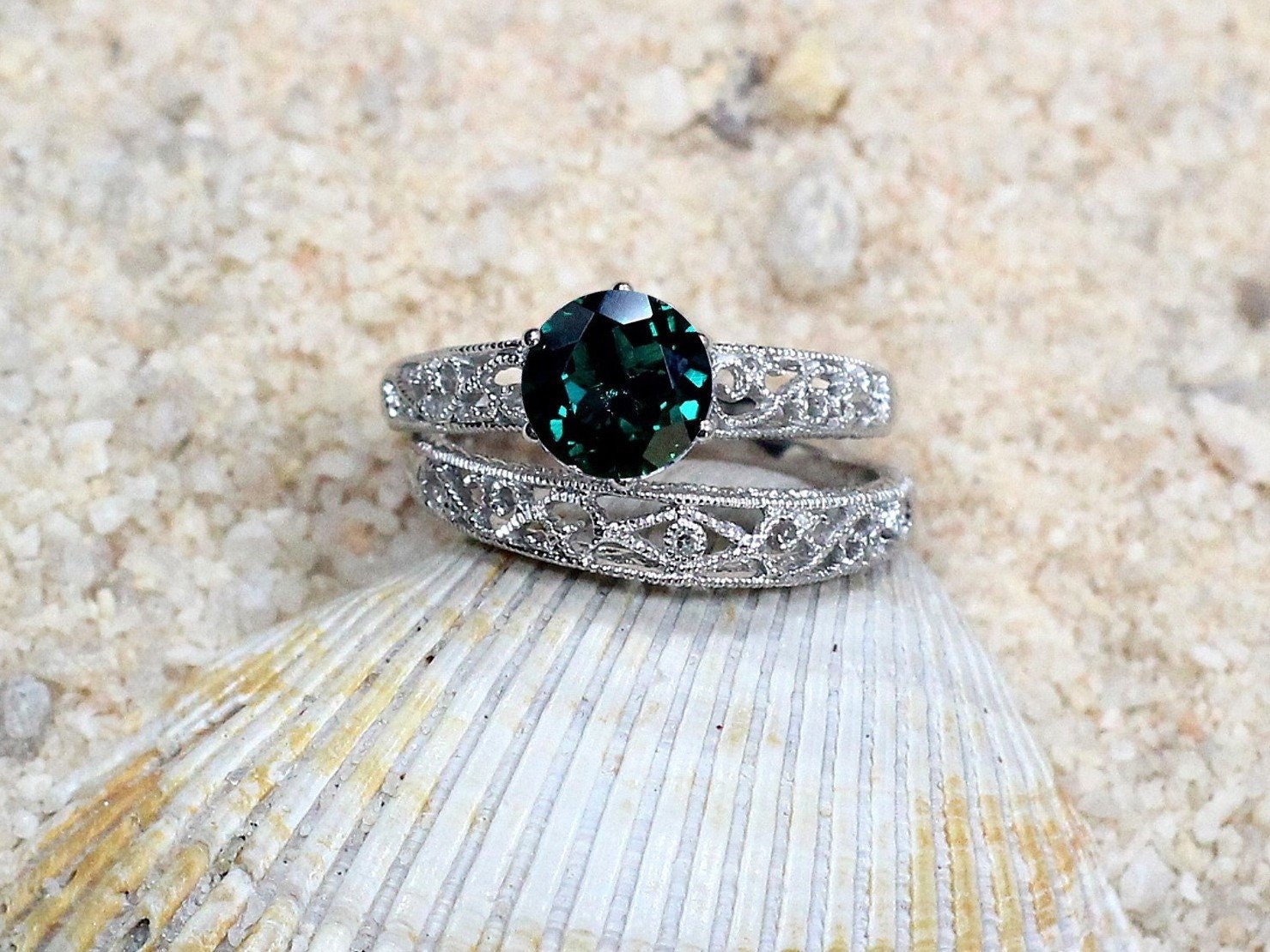 Emerald Engagement Ring SetAntique Ring SetFiligree Ring | Etsy