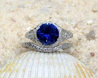 2ct Fides 8mm Blauer Saphir Verlobungsring Set, Vintage, Antik, Filigran, Hochzeitsband Set