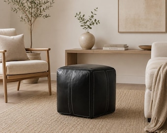 Puf otomano de cuero, puf cuadrado de cuero, puf otomano marroquí de cuero negro con almacenamiento, reposapiés hecho a mano, decoración para sala de estar