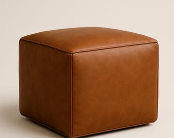 Square Moroccan Leather Ottoman pouf - Handmade Dark Brown Leather footstool