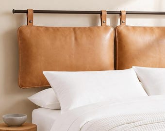 Almofada de cabeceira suspensa em couro, almofada lateral de cama marrom conhaque, painel de cabeceira moderno para parede, decoração de quarto