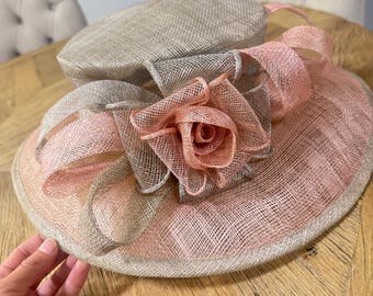 Blush Pink Beige Sinamay Hat, Elegant Occasion Headpiece, Wedding Guest Ascot Headwear