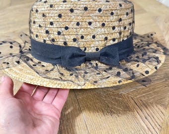 Vintage Straw Hat with Black Polka Dot Veil, Elegant Fascinator Hat, Tea Party Hat, Wedding Guest Hat, Ladies Formal Hat, Derby Style