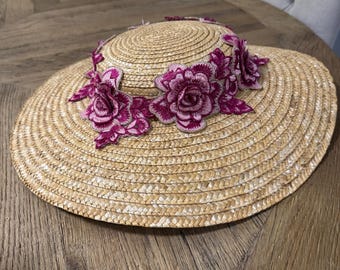 Straw Hat with Pink Floral Embroidery, Wide Brim Summer Hat, Romantic Boater Hat, Garden Party Hat, Women’s Sun Hat Gift