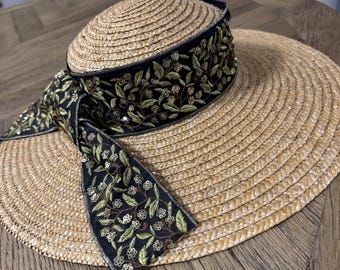 Straw Boater Hat with Blue Floral Crown, Summer Hat Women, Garden Party Hat, Wedding Guest Hat, Beach Hat, Floral Straw Hat
