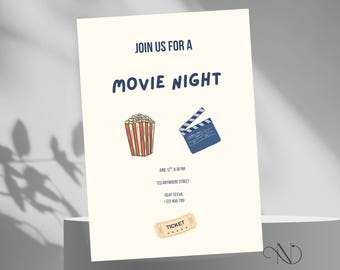 Movie Night Invitation | Popcorn & Ticket Party Invite | Canva Editable | Printable Cinema Invite | Digital Movie Night Template