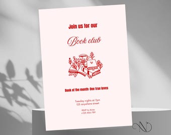 Puede incluir: Una invitación rosa claro para un club de lectura con texto e ilustraciones en rojo. El texto dice "Join us for our Book club" y "Book of the month: One true loves". Incluye información de contacto.
