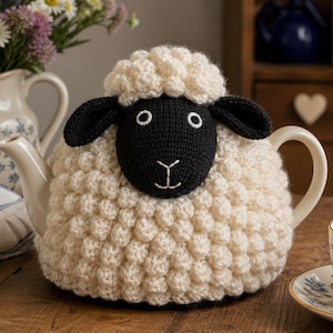 Stickmönster för te med får | Chunky Bobble Sheep Cozy | Överdrag till tekanna med bondgårdsdjur | PDF Stickmönster för enkel nybörjare