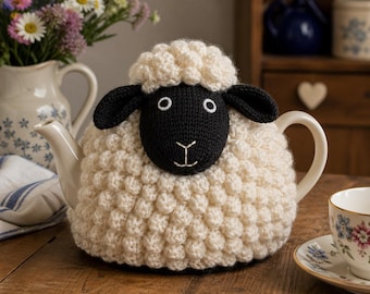 Sheep Tea Cosy Knitting Pattern | Chunky Bobble Sheep Cozy | Farm Animal Teapot Cover | PDF Knitting Pattern Easy Beginner