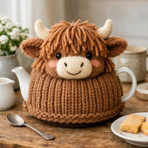 Puede incluir: Una funda de tetera tejida marrón con forma de vaca de las Tierras Altas. La funda tiene una cara blanca, ojos negros pequeños y cuernos color crema. La tetera blanca está sobre una mesa de madera, con una cuchara plateada y galletas.
