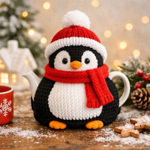 Puede incluir: Una tetera caprichosa con forma de pingüino, con gorro y bufanda de punto rojos y blancos. El pingüino tiene cuerpo negro, vientre blanco y pico y patas naranjas. Decoraciones navideñas sobre una superficie de madera.