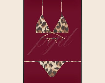 Dark Red Bikini Cheetah Print Fashion Wall Art, Chic Vintage Coastal Beach Girly Poster Print, Living Room Bedroom Apartment Dorm Decor