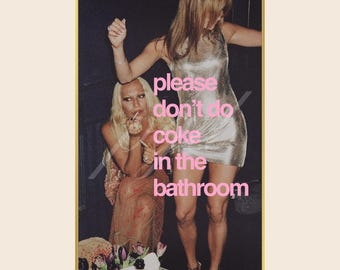 Pink No Coke In The Bathroom Wall Art, Chic Vintage Y2K 90s Funny Celebrity Photo Poster Print, Bathroom Apartment Dorm Decor