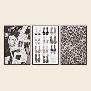 May include: A set of three framed wall art prints. The left print features a collage of black and white fashion magazine clippings. The center print displays a grid of various high-heeled shoe illustrations. The right print shows a leopard print pattern.