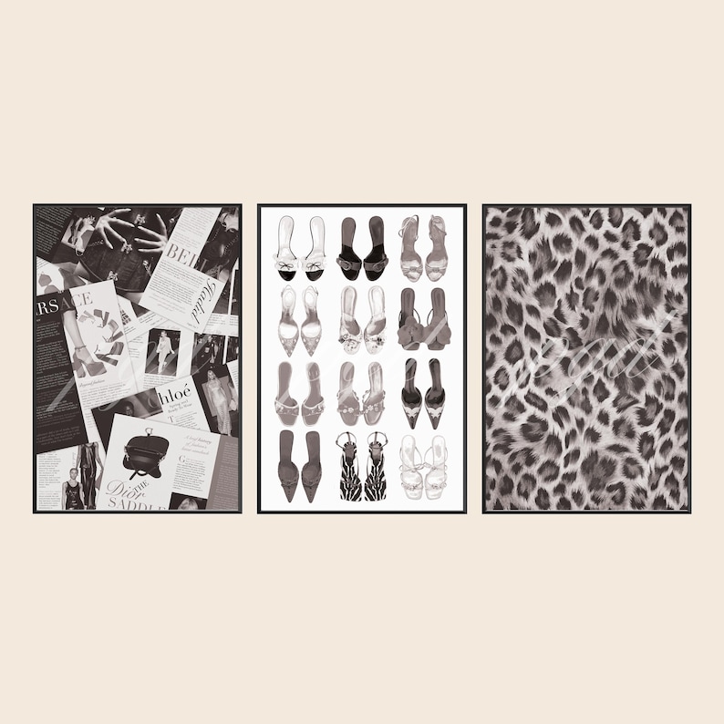 May include: A set of three framed wall art prints. The left print features a collage of black and white fashion magazine clippings. The center print displays a grid of various high-heeled shoe illustrations. The right print shows a leopard print pattern.
