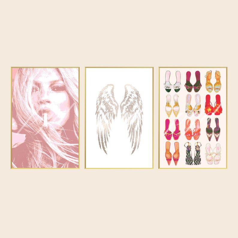 May include: A set of three framed wall art prints. The left print features a pink-toned portrait of a person with long hair. The center print displays silver-colored angel wings on a white background. The right print shows a grid of various colorful high-heeled shoes.