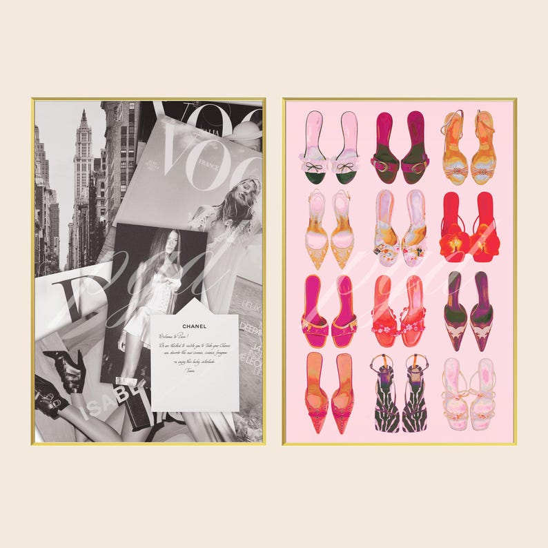 May include: Two framed wall art prints. The left print features a black and white collage of a city skyline, a fashion magazine cover, and a Chanel note. The right print displays a grid of sixteen colorful illustrated high-heeled shoes on pink.