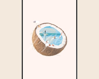 Beige Coconut Beach Surf Wall Art, Chic Vintage Coastal 90s Y2K Neutral Poster Print, Living Room Bedroom Apartment Dorm Decor