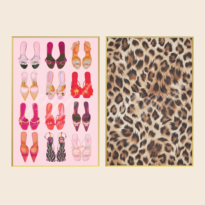 May include: A diptych wall art set featuring two rectangular framed prints. The left print displays a grid of sixteen various high-heeled shoes in shades of pink, red, orange, and black on a light pink background. The right print shows a leopard print.
