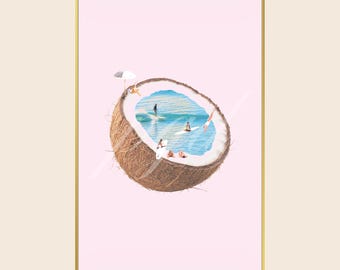 Pink Coconut Beach Surf Wall Art, Chic Vintage Coastal 90s Y2K Poster Print, Living Room Bedroom Apartment Dorm Decor
