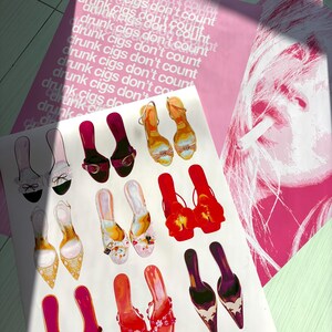 May include: A poster featuring a collage of various high-heeled shoes in shades of red, pink, and gold, alongside a stylized pink graphic of a face with a cigarette. The text "drunk cigs don't count" is repeated in white on a pink background.